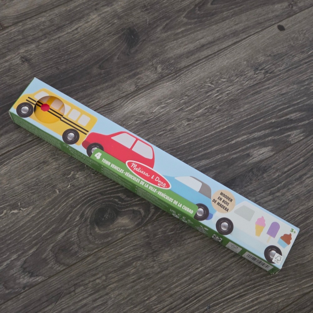 Melissa & Doug 4 Town Vehicles Kids One Size Wood Toys School Bus Cars NEW